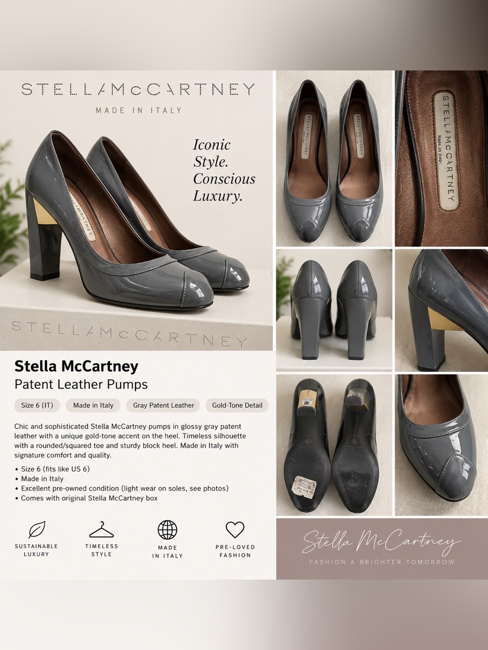 Stella McCartney Glossy Gray Patent Pumps with Gold Accent